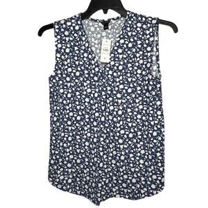 Ann Taylor Blue & White Popover Pleat Floral Stretchy Knit Top Size Small New